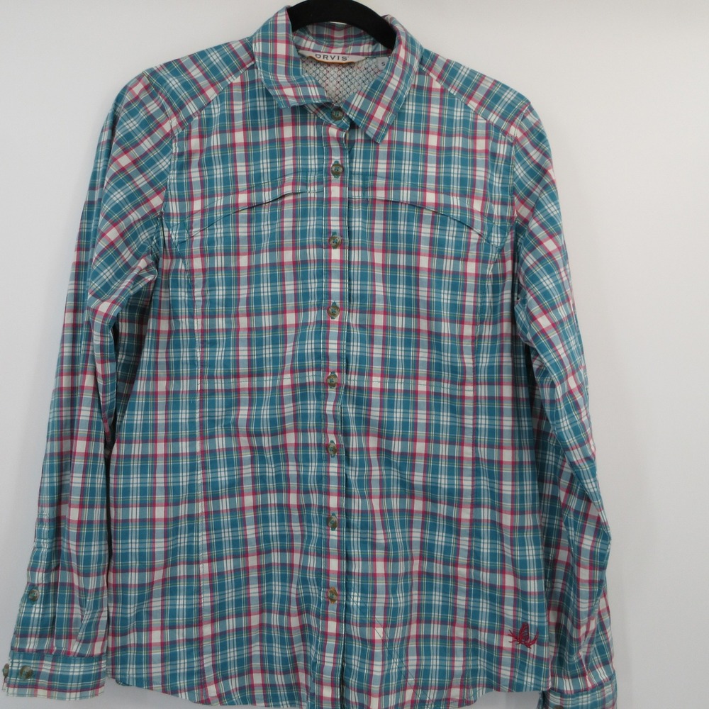 Orvis Womens Teal Pink Plaid Ventilated Hiking Fishing Button Down Shirt Small
